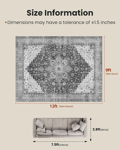 AMADA HOMEFURNISHING 9x12 Area Rugs, Low-Profile Large Washable Area Rug with Non-Slip Backing & Durable Edge Binding, Vintage Rugs for Living Room, Bedroom & Dinning Room