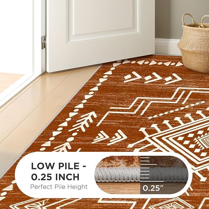 Joydeco Moroccan 5x7 Area Rugs for Living Room, Washable Bedroom Western Area Rug, Low Pile Soft Burnt Orange Carpet, Stain Resistant Distressed Fall Rug Aztec Carpets for Dining Room