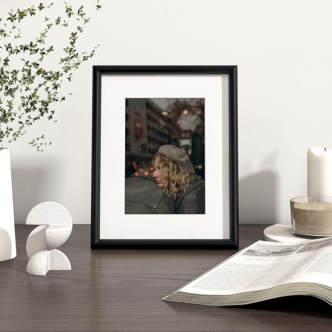 Fun Memories 8x10 Picture Frame Black, Aluminum Picture Frame 8"x10" Tempered Real Glass, Modern 8 x 10 Metal Frame with Mat for 5 x 7, 8 by 10 Frame with Stand for Tabletop Display