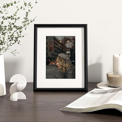 Fun Memories 8x10 Picture Frame Black, Aluminum Picture Frame 8"x10" Tempered Real Glass, Modern 8 x 10 Metal Frame with Mat for 5 x 7, 8 by 10 Frame with Stand for Tabletop Display