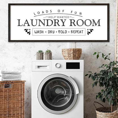 Wash Dry Fold Repeat Wall Decor Art 40"X15" Laundry Room Sign Funny Bathroom Laundry Rules Large Wood Framed Wall Hanging (Black)