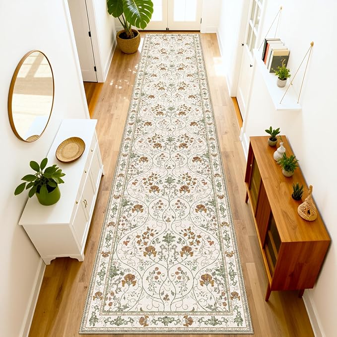 Floral 2x10 Runner Rug with Non Slip Low Pile Washable Entryway Rug,Soft Vintage Runner for Hallway Kitchen Living Room Bedroom Bathroom,Beige White