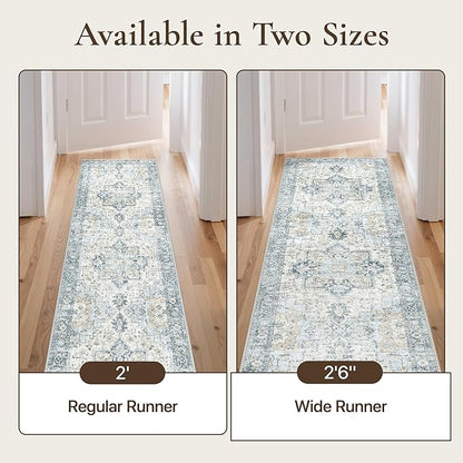 GENIMO Runner Rug 2'6"x12, Non Slip Vintage Hallway Runner Rugs, Low Pile Lightweight Machine Washable Mat for Hallway, Entryway, Bedroom, Kitchen and Corridor, Blue