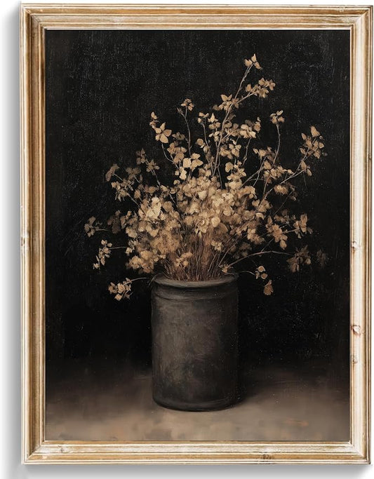 uniro Vintage Floral Wall Art Print, Moody Fall Dried Flowers Vase Wall Painting, Retro Rustic Botonical Still Life Fall Wall Decor, Vintage Posters for Room Aesthetic for Bedroom Living Room, Gothic Victorian Decor(8" x 10"-UNFRAMED)