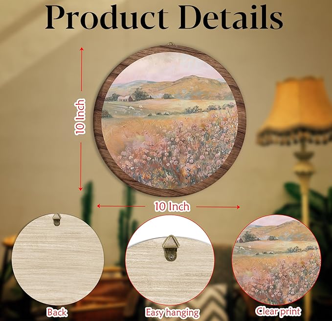 Vintage Spring Floral Field Landscape Hanging Wall Art, Meadow Flowers Vintage Round Wooden Wall Decor, Flower Field Scene Western Boho Decorations for Home Living Room Bedroom Bathroom Office, 18