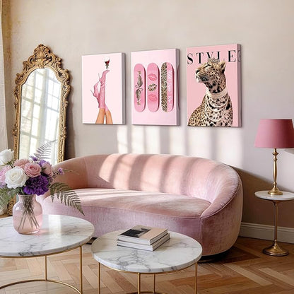 WENGTIAO 3Pcs Pink Leopard Canvas Wall Art Fashion Cheetah Paintings Prints Lucky Skateboard Pictures Boots Martini Posters Decor Coquette Preppy Aesthetic Artwork for Living Room Bedroom 16x24x3 inch