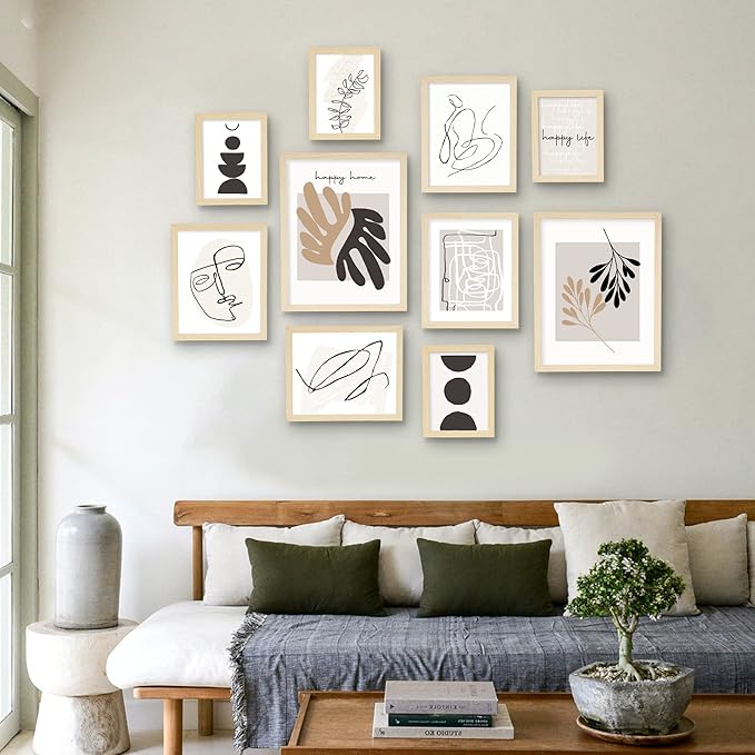 ArtbyHannah Neutral Gallery Wall Frames Set of 10 with Decorative Minimalist Art Prints and Picture Frame Set Wall Art Decor for Modern Home Decoration, Assorted Size 6x8 x4, 8x10 x4, 11x14 x2