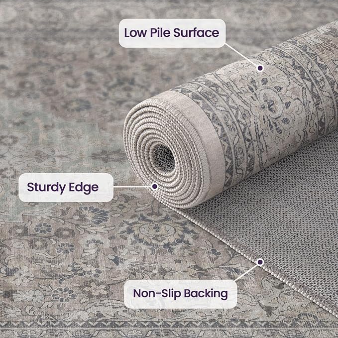 DEXI Area Rugs for Living Room, 8x10 Washable Low Pile Floral Rug for Bedroom, Non Slip Large Indoor Carpet for Dining Office Nursery, Grey