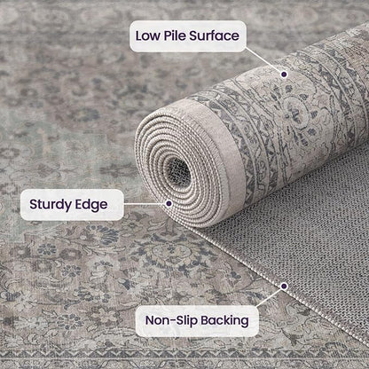 DEXI Area Rugs for Living Room, 8x10 Washable Low Pile Floral Rug for Bedroom, Non Slip Large Indoor Carpet for Dining Office Nursery, Grey