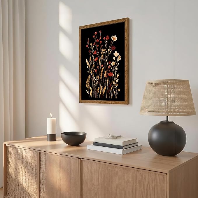 JLTULT Vintage Floral on Black Background Canvas Wall Art, Elegant Dark Wildflower Wall Decor, Botanical Painting Art Prints for Bedroom Bathroom Living Room Office 16x24 In Wood Framed Easy to Hang
