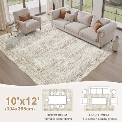 EIEIHOUSE Washable Area Rugs for Living Room -10x12 Neutral Vintage Distressed Floral Farmhouse Boho Large Soft Floor Rug Indoor Non Slip Carpet for Living Room Bedroom Dining Room Office - Beige