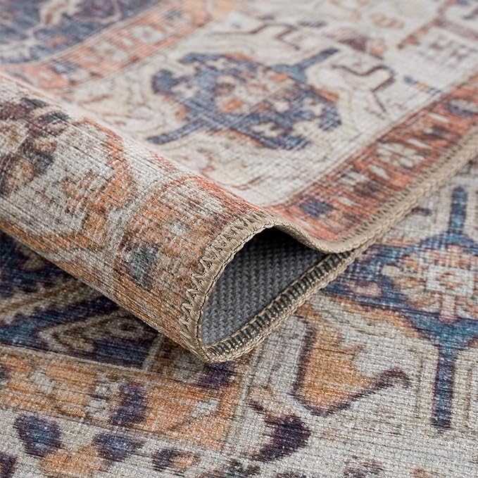 Bloom Rugs Washable 7 ft Runner - Orange/Blue/Beige Traditional Runner for Entryway, Hallway, Bathroom, and Kitchen - Exact Size: 2.5' x 7'