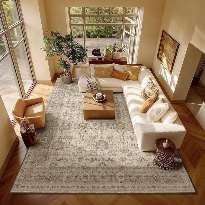 Washable 8x10 Area Rugs for Living Room, Boho Non-Slip Vintage Distress Large Rugs for Bedroom Dining Room Nursery Office, 0.3" Neutral Oriental Throw Thin Carpet, Flaxen/Multi, B2