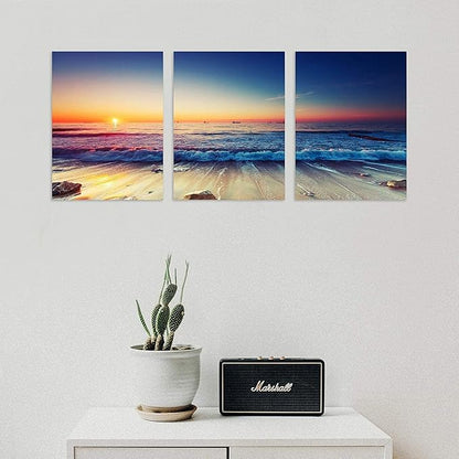 TutuBeer 3 Panels Beach Home Beach Decor Sea Wall Art for Home White Ocean Sea Sunrise with Deep Blue Sky Ocean Pictures Seascape Art for Wall Seascape Art 16" x 24" x 3 Pieces