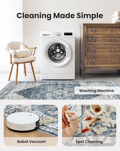 AMADA HOMEFURNISHING Round 6ft Area Rugs, Low-Profile Washable Rug with Non-Slip Backing & Durable Edge Binding, Vintage Rugs for Living Room, Bedroom, Dinning Room