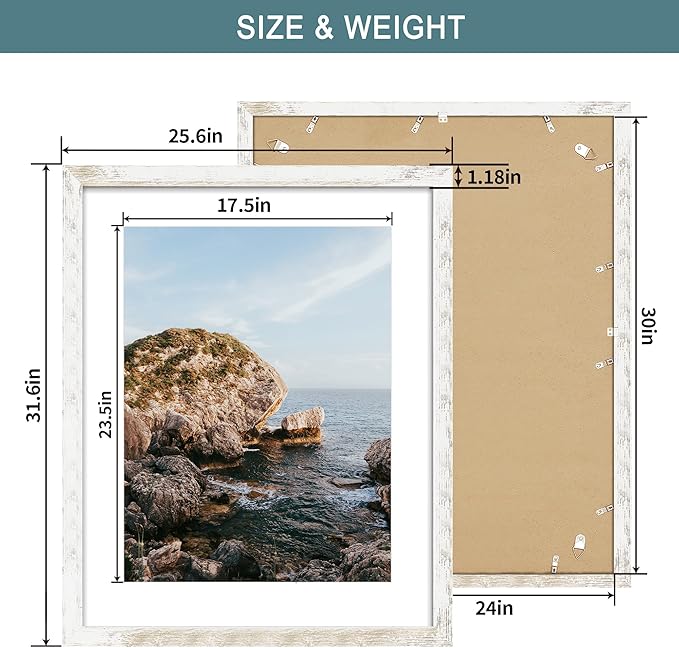 iRahmen 24x30 Poster Frame with 18x24 Mat - Plexiglass Wooden Picture Frames for Photo Wall Gallery Mounting (Distressed-White, Set of 2)