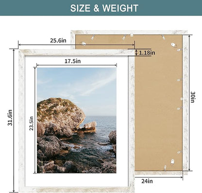 iRahmen 24x30 Poster Frame with 18x24 Mat - Plexiglass Wooden Picture Frames for Photo Wall Gallery Mounting (Distressed-White, Set of 2)