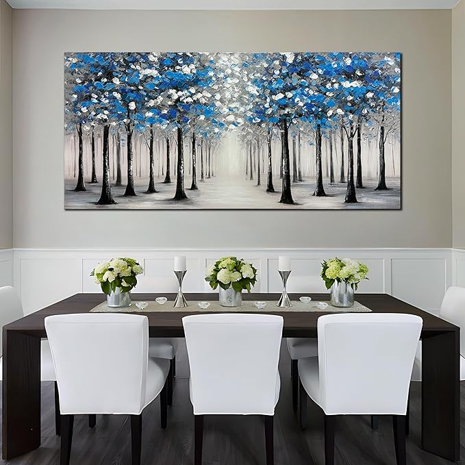 Trogonup Large Forest Wall Art for Living Room Blue and White Trees Landscape Painting Modern Textured Oil Painting for Bedroom Office Home Decor 29x58 Inch
