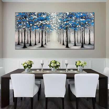 Trogonup Large Forest Wall Art for Living Room Blue and White Trees Landscape Painting Modern Textured Oil Painting for Bedroom Office Home Decor 29x58 Inch