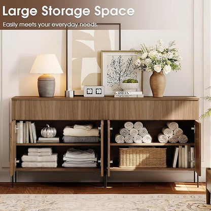 WAMPAT Fluted TV Stand TVs up to 70 inch, 63" W Modern TV Entertainment Center with Storage Cabinets and 2 Drawers & 4 Doors, Wood Media TV Console Table with Storage for Living Room, Light Walnut