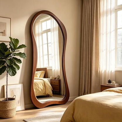 Large Irregular Mirror, 67"x31.5" Asymmetrical Full Length Mirrors with Solid Wood Frame, Premium Aesthetic Floor Mirror for Living Room Entryway Hallway Bedroom Cloakroom, Leaning/Hanging