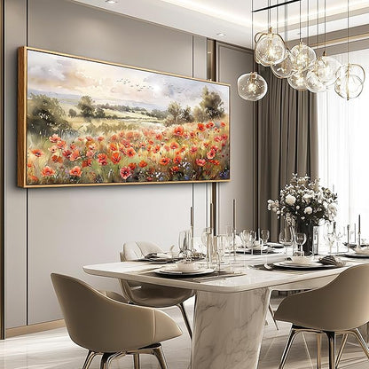 QIYILEXWART Large Wall Decor For Living Room Canvas Wall Art For Office Modern Wall Decorations For Bedroom Red Blooms Field Landscape Painting Farmhouse Pictures Artwork Room Home Decor 24x48 In