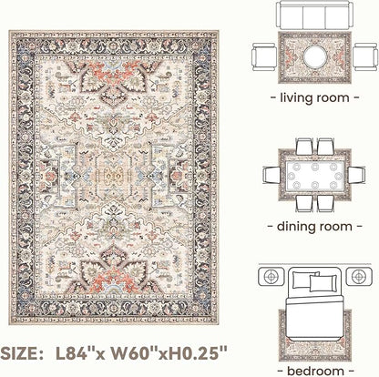 Area Rug 5x7 for Living Room - Washable Oriental Vintage Floral Distressed Large Indoor Carpets with Non Slip Back for Bedroom Dining Room Nursery Office Home Decor -Multi
