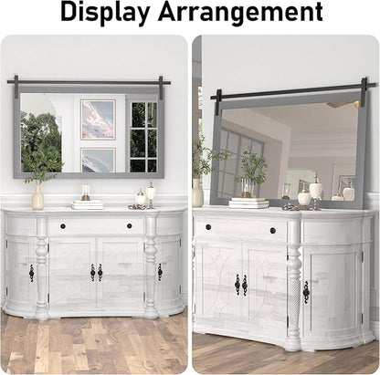 PAIHOME Large Gray Wall Mirror, Farmhouse Horizontal Rustic Square Bathroom Mirror for Wood Framed Vanity Mirrors, Barn Door Style Decor Living Room Entryway Bedroom 40x26INCH, Grey