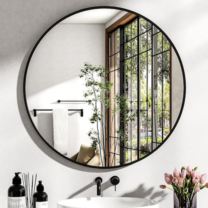 XRAMFY 36 Inch Round Mirror - Circle Mirrors for Bathroom, Entryway and Living Room Wall Decor, Modern Hanging Vanity Mirror, Matte Black Circle Decorative Wall Mirror