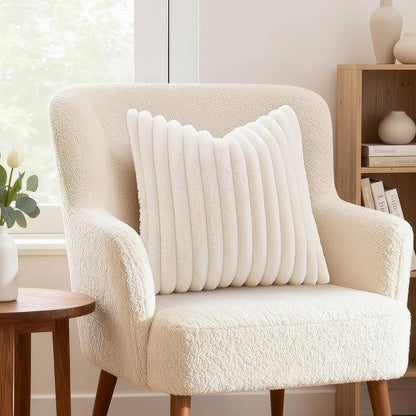 decorUhome Summer Cozy Faux Fur Throw Pillow Covers 26x26 Set of 2 Decorative Plush Striped Modern Farmhouse Boho Couch Euro Sham Pillow Cases with Velvet Back for Sofa Bed Living Room, Cream White