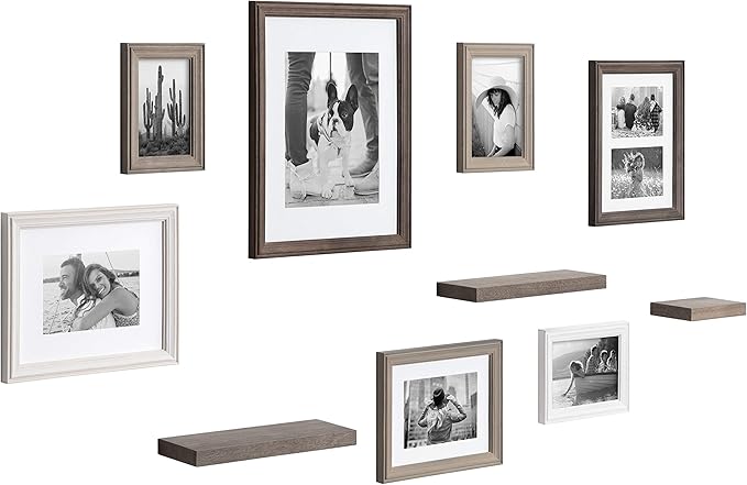 Kate and Laurel Bordeaux Gallery Wall Frame and Shelf Kit, Set of 10, Multicolored with Whitewash, Charcoal Gray, and Farmhouse Gray, Assorted Size Frames and Three Display Shelves