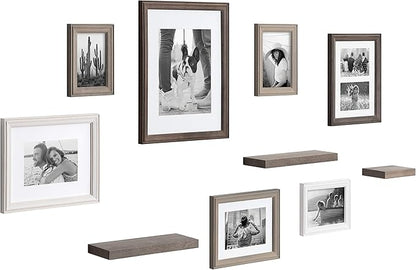 Kate and Laurel Bordeaux Gallery Wall Frame and Shelf Kit, Set of 10, Multicolored with Whitewash, Charcoal Gray, and Farmhouse Gray, Assorted Size Frames and Three Display Shelves