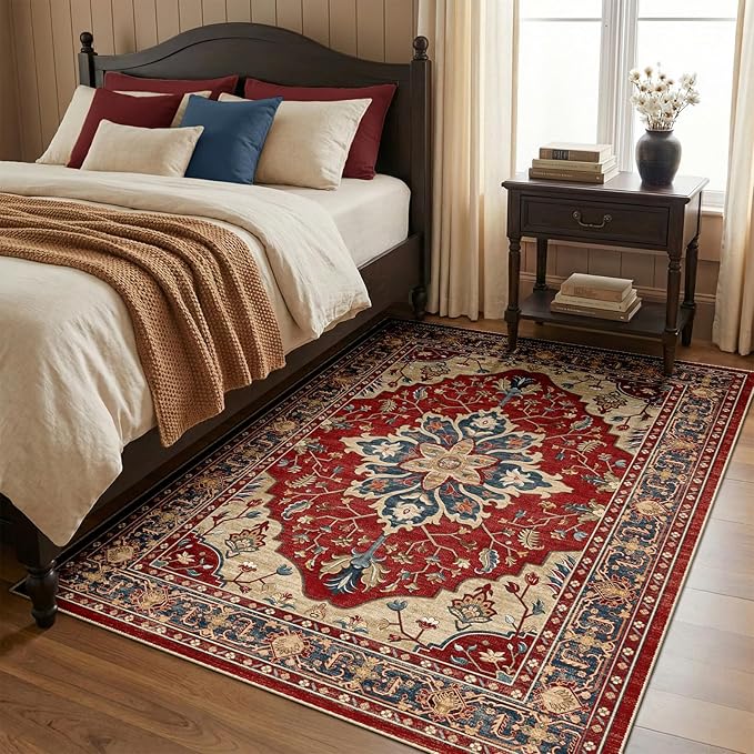 RELEANY Area Rugs 4'x6' Washable Non-Slip, Floral Vintage Distress Print Pattern Medallion Carpet for Living Room Bedroom Dining Room, Red Blue