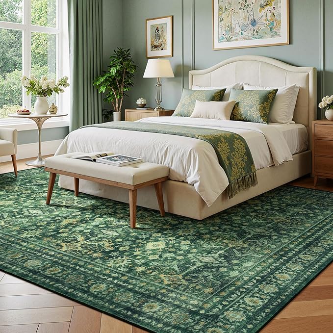 Lessymo Washable Area Rug for Living Room,8x10 Green Large Rugs with Non-Slip Backing,Soft Boho Carpets for Bedroom Dining Room Nursery Home Office