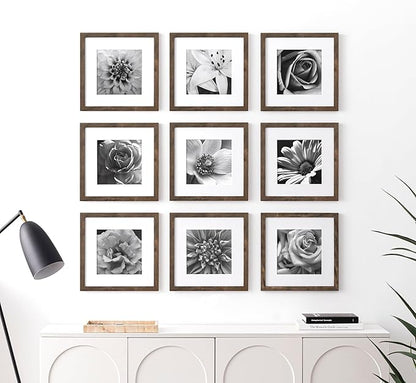 eletecpro 12x12 Picture Frames Set of 9 with Mat for 8x8 Photos or without Mat for 12x12, Square Gallery Wall Decor Collage for Picture Display, Weathering Brown Frame Set for Wall Hanging