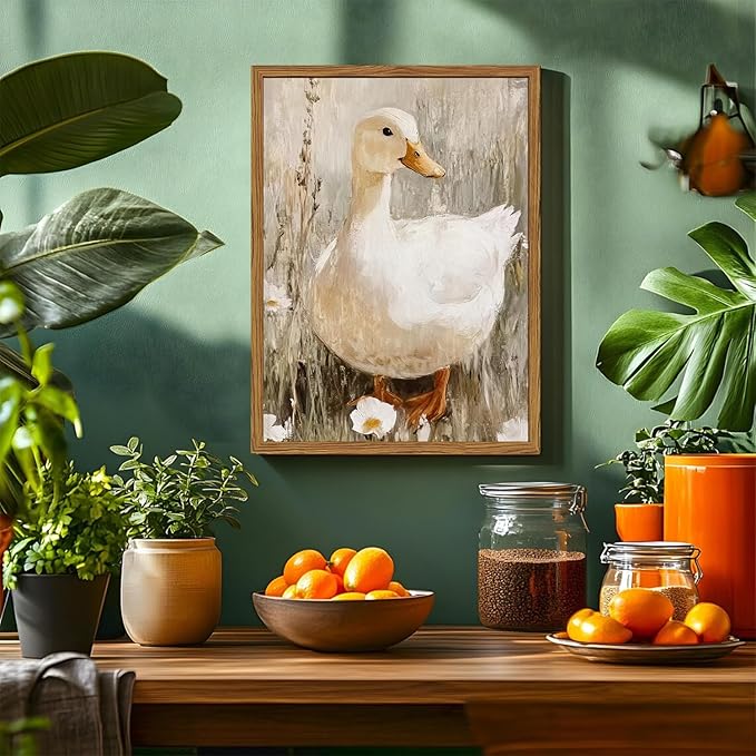 Framed Vintage Duck Canvas Wall Art, Cute Farmhouse Animal Pictures Wall Decor, Rustic Country Nature Paintings Prints Cottagecore Home Decor for Living Room Bedroom Bathroom 12x16 inch