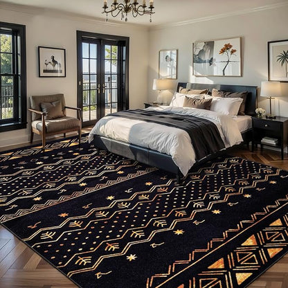 SERISSA 8x10 Area Rugs for Living Room, Washable Non-Slip Black and Gold Boho Rug, Soft Low-Pile Geometric Indoor Large Carpet for Dining Room Bedroom Home Office Playroom