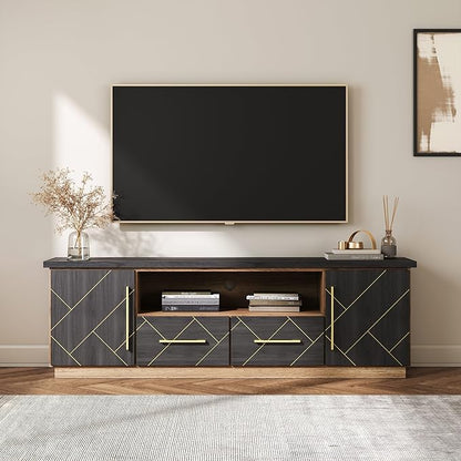 BELLEZE 70 Inch Modern TV Stand with Gold Trim, Elegant Entertainment Center with Storage, Media Console Table with Drawers & Open Shelves for Living Room (Espresso Black)