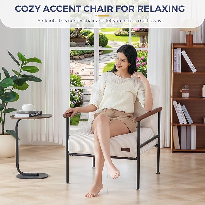 MAXYOYO Living Room Accent Chair, Modern Chair with Sturdy Metal Frame & Wood Armrests, Upholstered Reading Chair with Upholstered Cushion for Bedroom Balcony Porch, Beige