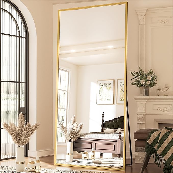 Antok 71''x28'' Full Length Mirror, Shatterproof HD Oversized Floor Mirror with Stand, Aluminum Alloy Frame Leaning Standing or Wall Mounted Mirror for Bedroom Living Room Entryway, Gold