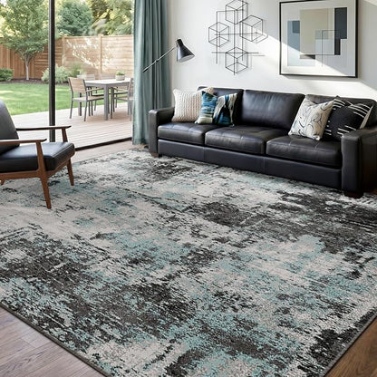RELEANY Washable Area Rugs 6'x9' Non-Slip Modern Abstract Soft for Living Room Entryway Bedroom Nursery, Print Pattern, Blue Black Teal