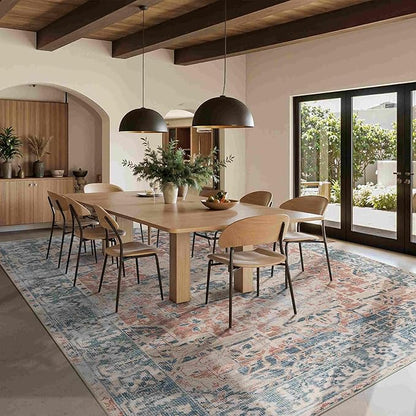 Rugxara 9x12 Area Rugs for Living Room Bedroom, Large Washable Rug, Coral Vintage Retro Boho Rug, Non Slip & Low Pile Faux Wool Thin Carpet for Indoor Dining Room, Kids Room(Coral Blue 9x12ft)