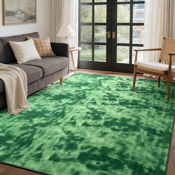 FinRèc 4x6 Washable Area Rugs for Bedroom Living Room, Low Pile Thin Ultra Soft Shag Rug, Non-Slip Carpet Indoor for Home Decor (Tie-dye Green)