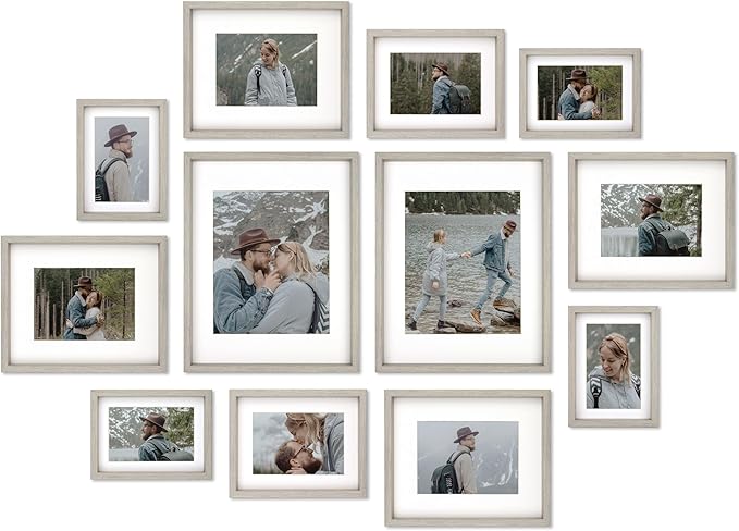 12 Pack Shadow Box Style Gallery Wall Frame Set – Deep Photo Frame Set with Mat for 8x10, 5x7 and 4x6 - Multiple Sizes Picture Frame Set for Wall Collage – Assorted Picture Frames for Wall (Gray)