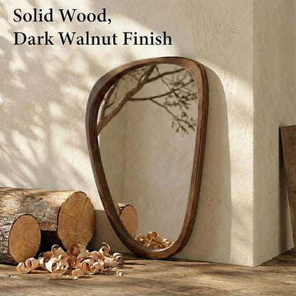 Solid Wood 30"x20" Irregular Asymmetrical Wall Mirror, Japandi Boho Mid-Century Modern Decorative Accent Mirror, Small Organic Shaped Wooden Wall-Mounted Mirror, Dark Walnut