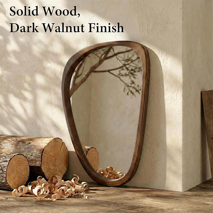 Solid Wood 36"x24" Retro Mid-Century Asymmetrical Wall Mirror, Irregular Wooden Wall-Mounted Mirror, Sculptural Bathroom Vanity Mirror for Living Room & Sideboard, Dark Walnut