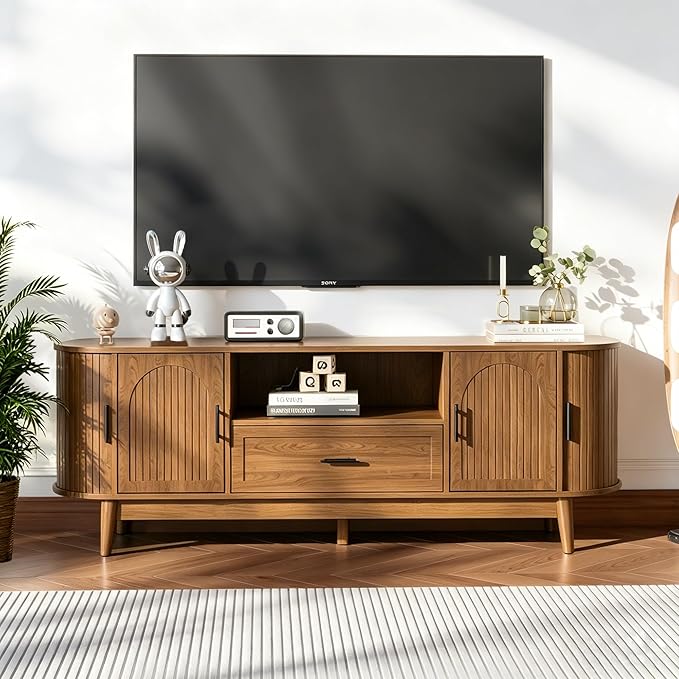 Mxtxmy 63" Fluted TV Stand for Tvs up to 70", Mid-Century Modern Entertainment Center with Drawers and Fluted Doors, Curved TV Media Console Table with Sliding Doors for Living Room, Bedroom (63")