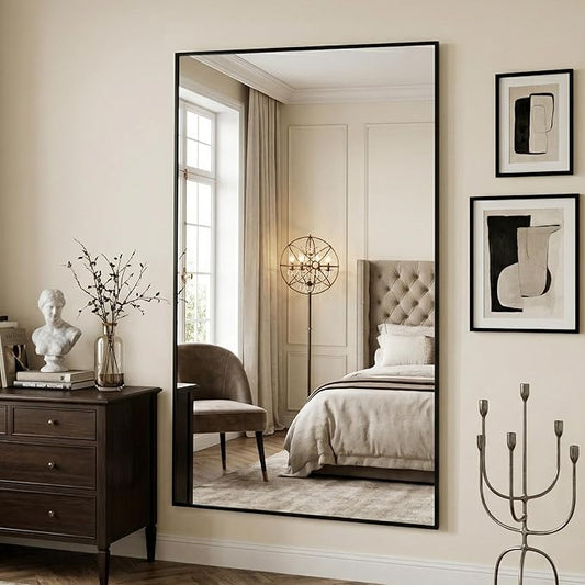 Antok 72''x44'' Full Length Mirror, Shatterproof HD Oversized Floor Mirror with Stand, Aluminum Alloy Frame Leaning Standing or Wall Mounted Mirror for Bedroom Living Room Entryway, Black