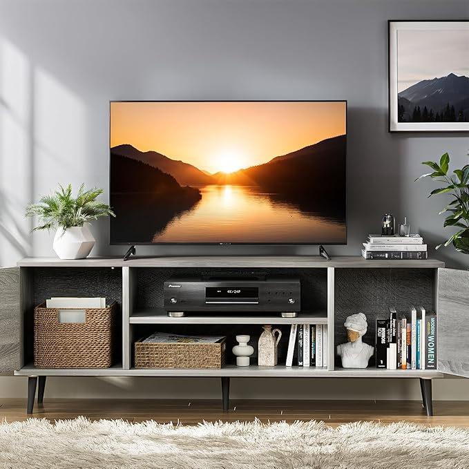 YESHOMY Modern TV Stand for 65" Television, Entertainment Center with Two Storage Cabinets, Retro Style Media Console for Living Room, Bedroom, Office, 58 Inch Classic, Light Gray