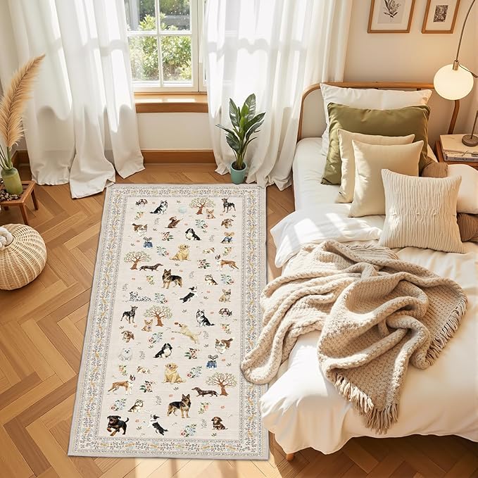 Dog Rug Runner for Entryway, 2x4 Washable Kitchen Mat Ultra-Thin Soft, Non-Slip Indoor Door Carpet Stain Resistant Boho Small Low-Pile Throw for Bathroom Bedroom, Beige